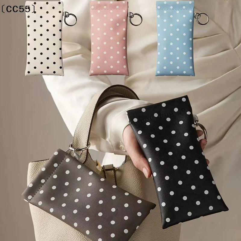 Polka Dot PU Leather Glasses Case with Keyring Clip Eyeglass Case Qst