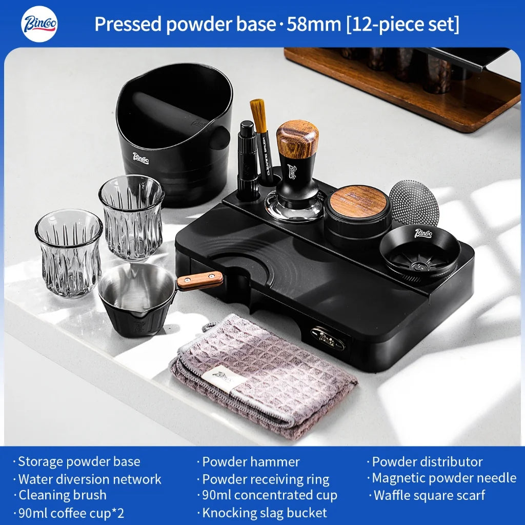 BINCOO Espresso Tamper, Distributor & Knock Box Set 51-58mm Espresso Barista Set Qst Black-12pcs-58MM
