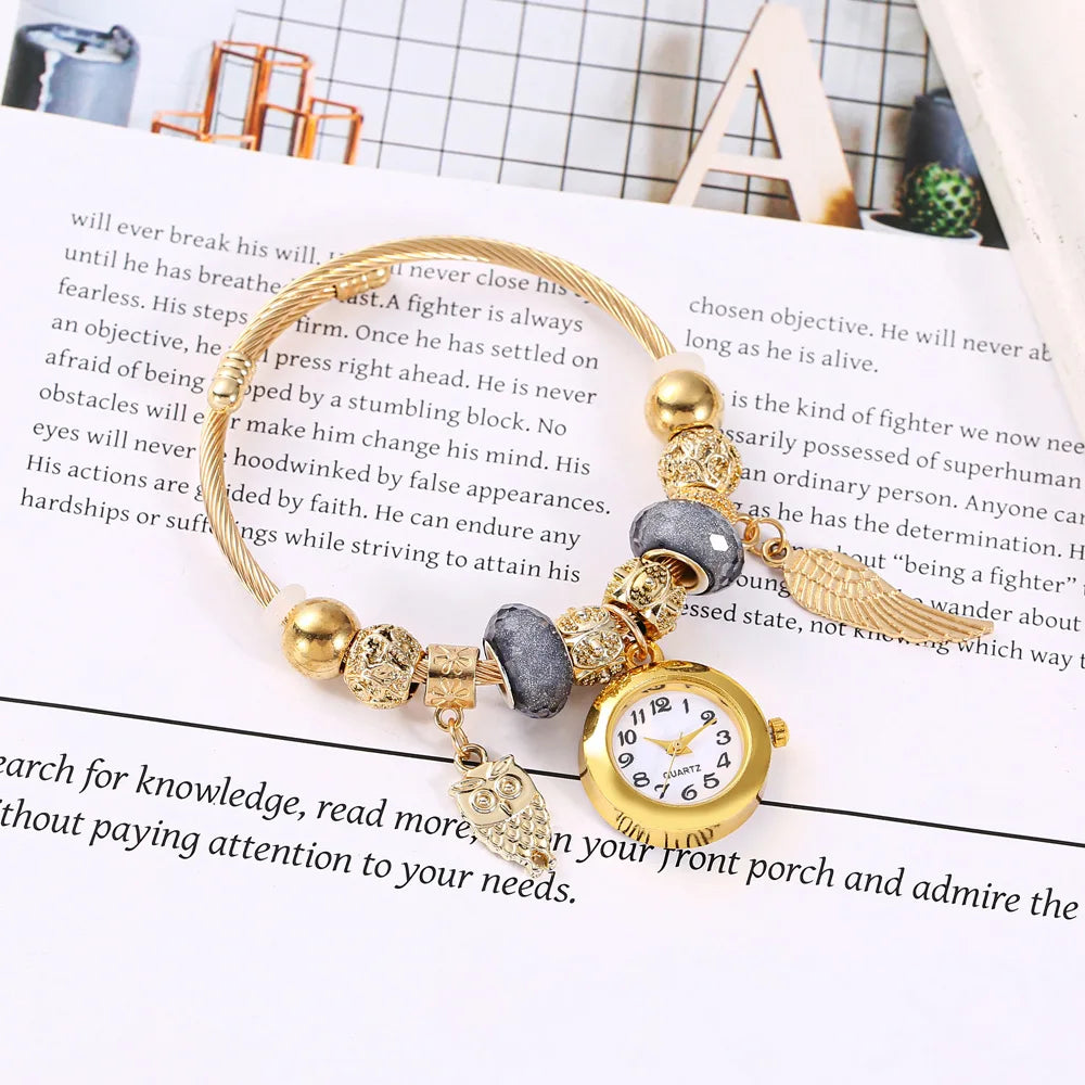Golden Alloy Bracelet Watch – Quartz Bead Flower Pendant Bracelet Watch Qme 4