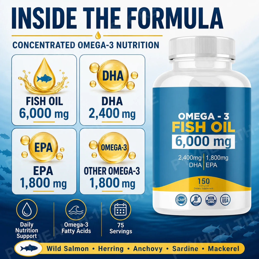 Omega-3 Fish Oil 6000mg Softgels | 2400mg DHA 1800mg EPA | 150ct Omega-3 Supplement Qst