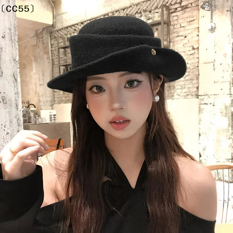 French Hepburn Black Woolen Bucket Hat – Women's Winter Style Woolen Bucket Hat Qst