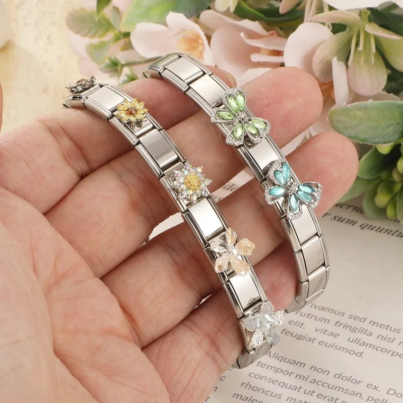 Zircon Bowknot Flower Italian Charm Links | Stainless Steel DIY Italian Charm Links Qme