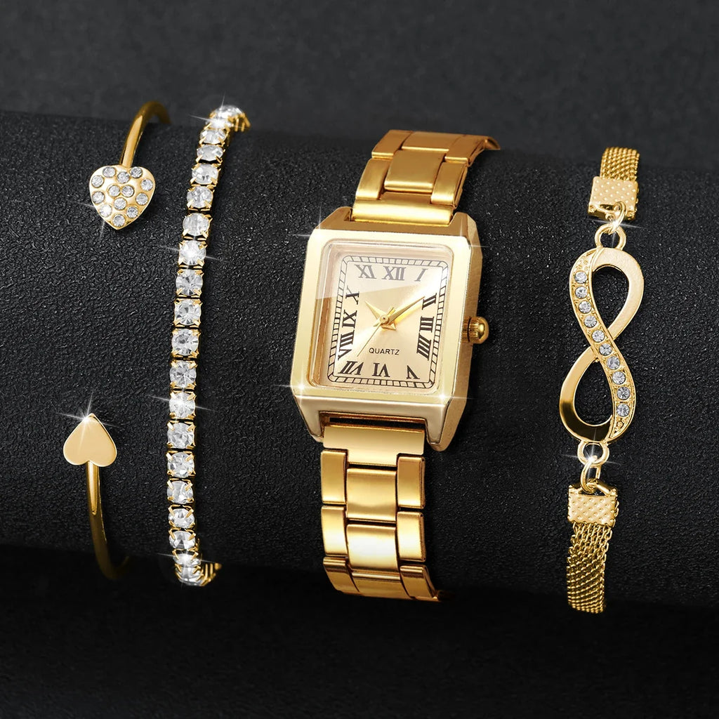 Women's Gold Tone Roman Numeral Square Dial Quartz Watch Women's Quartz Watch Qme