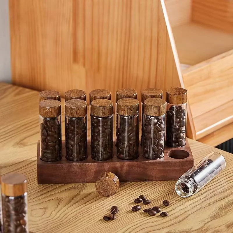 Glass Single Dose Coffee Bean Storage Tubes & Wood Display Rack Coffee Bean Storage Set Qst