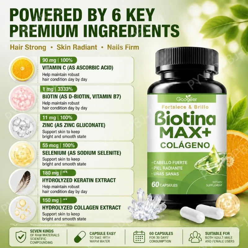 Googeer Biotin Collagen Capsules – Hair, Skin & Nail 60ct Beauty Supplement Qst