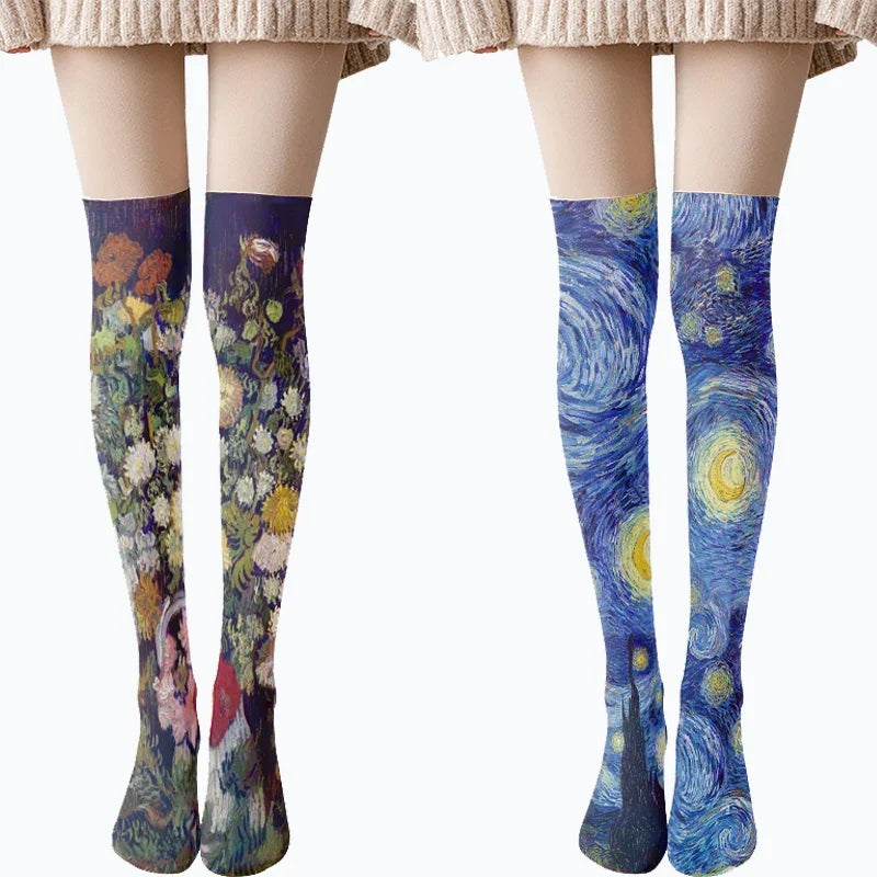 Van Gogh Art Print Thigh High Stockings – Starry Sky & Sunflower Thigh High Stockings Qme