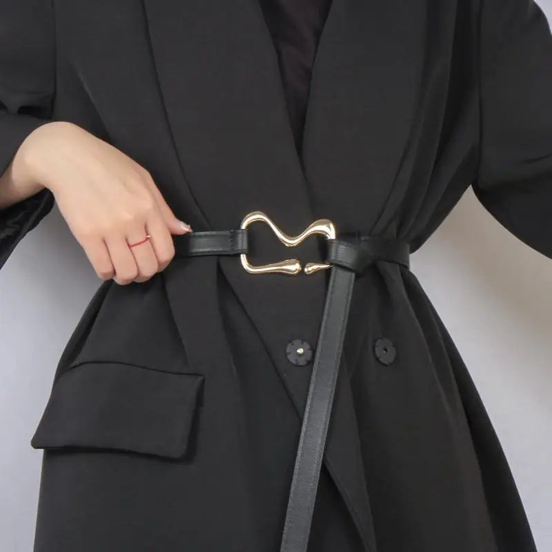 Women's PU Leather Thin Waist Belt – Gold Knotted Buckle Women's Fashion Belt Qst