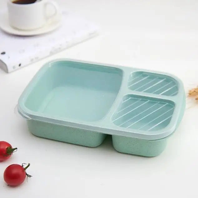 Wheat Straw Lunch Box 3-Grid with Lid | Microwave Safe, 1000ml Lunch Box Qme Green 1Pcs