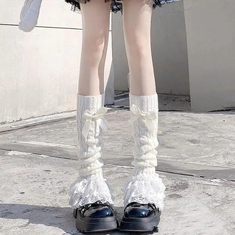Women's Knitted Lace Bow Ruffle Leg Warmers | Lolita Style Knitted Leg Warmers Qme