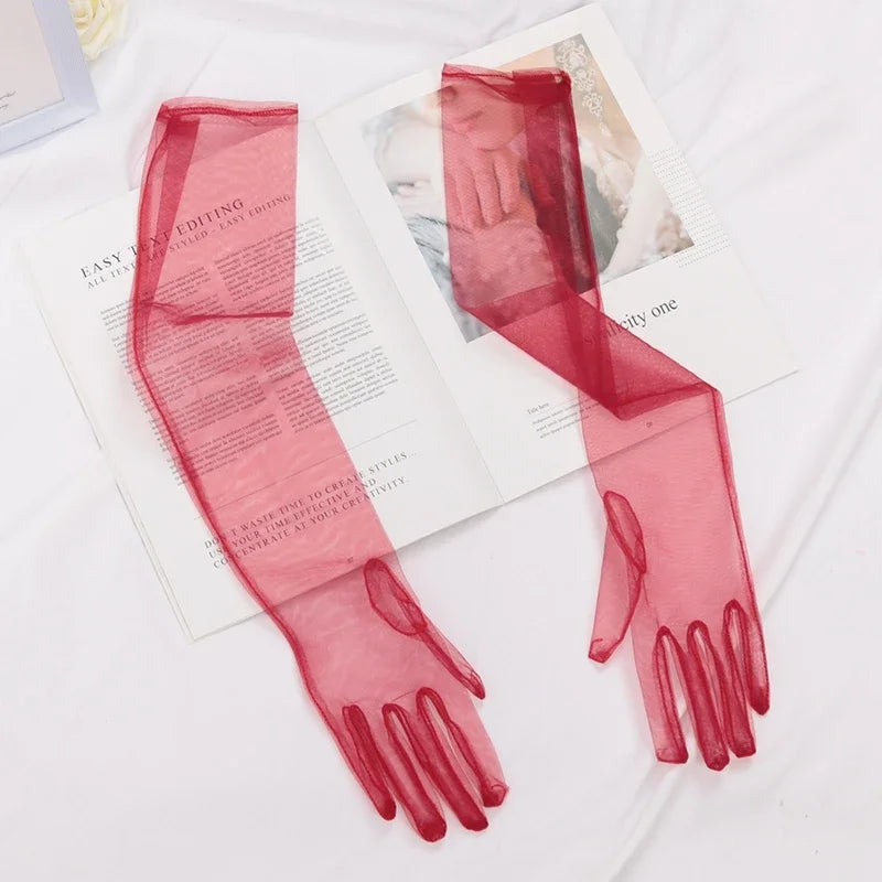 Women's Long Sheer Tulle Gloves Full Finger Mesh Arm Gloves Mesh Fashion Gloves Qme wine red 55cm