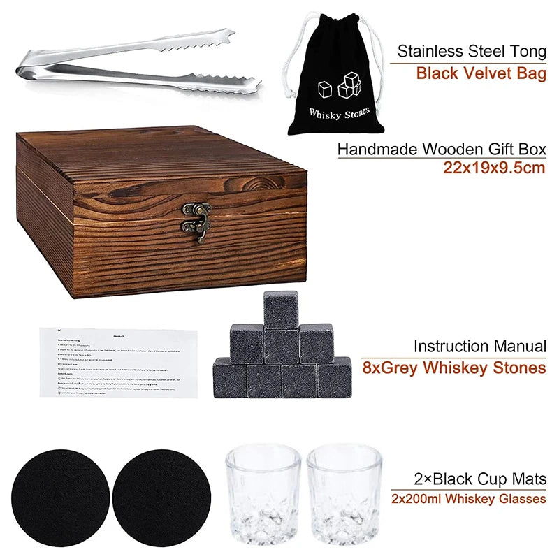 Whiskey Stones Gift Set – Granite Ice Cubes, Glasses & Wood Box Whiskey Stones Set Qst