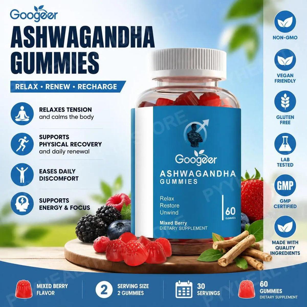 Ashwagandha Gummies Vitamin C B6 D2 Mixed Berry | 60 Count Herbal Supplement Gummies Qst