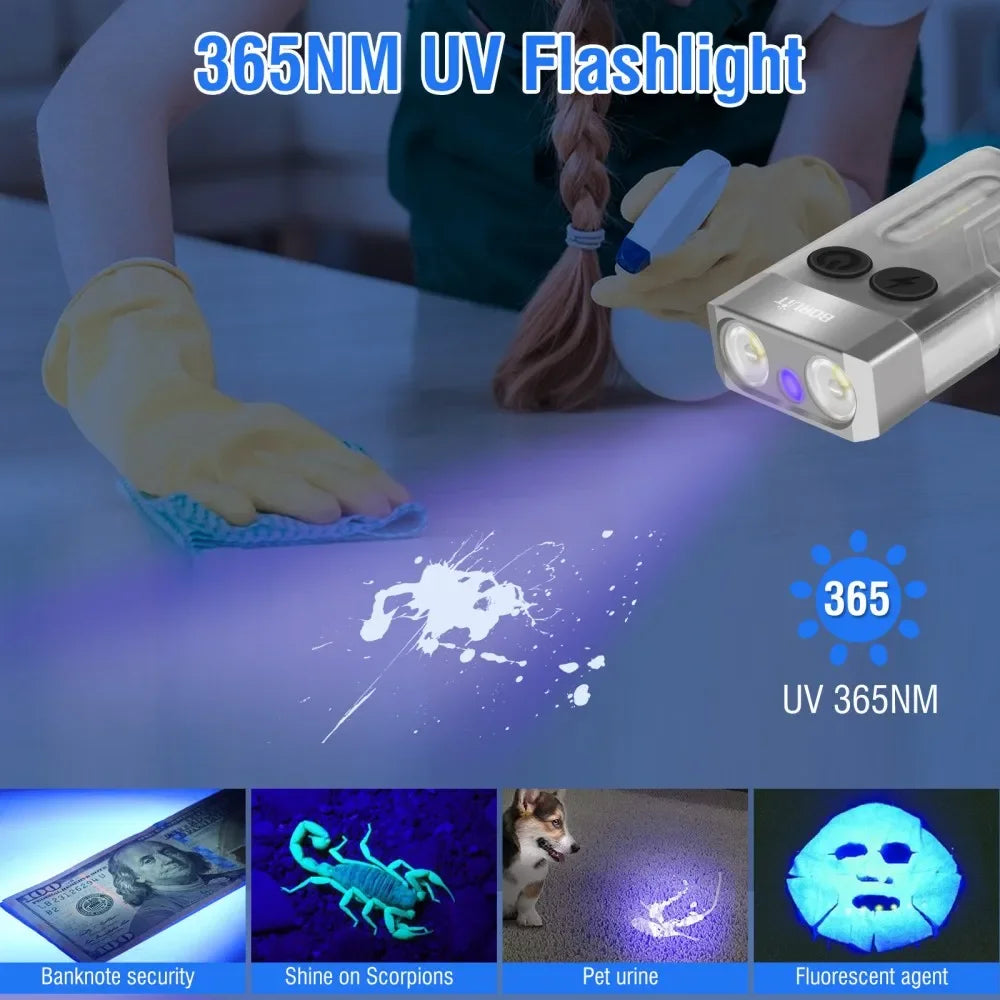 BORUiT V10 1000LM UV LED Keychain Flashlight Type-C Rechargeable EDC Keychain Flashlight Qst