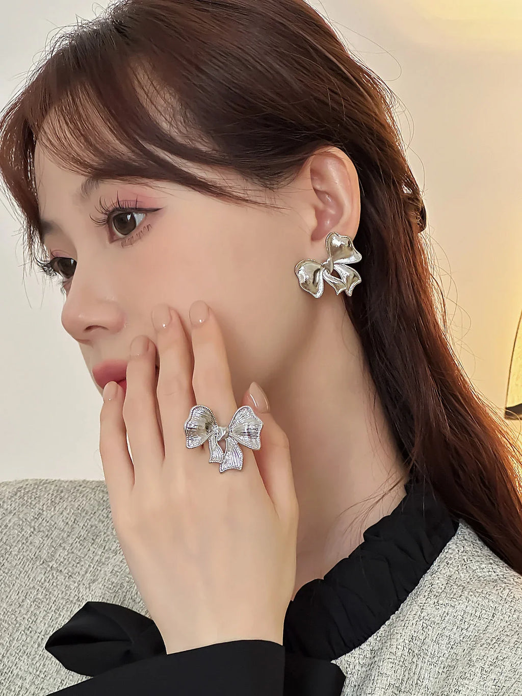 Silver Bow Knot Statement Ring for Women – Korean Style Statement Ring Qme