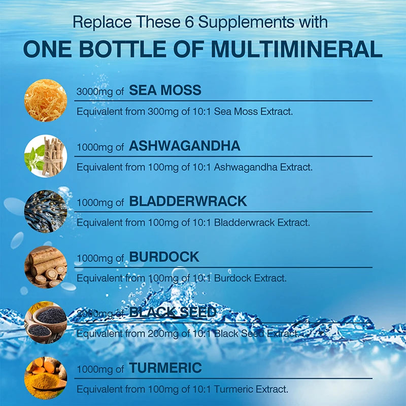 Sea Moss, Black Seed Oil, Ashwagandha & Burdock Root Capsules Herbal Supplement Qst