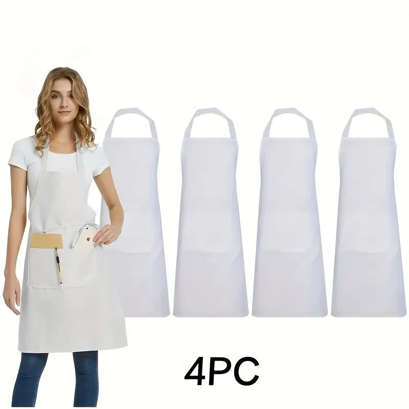 Adjustable Canvas Apron with Pockets – Chefs, Waiters & BBQ Canvas Work Apron Qme White -4pcs OneSize