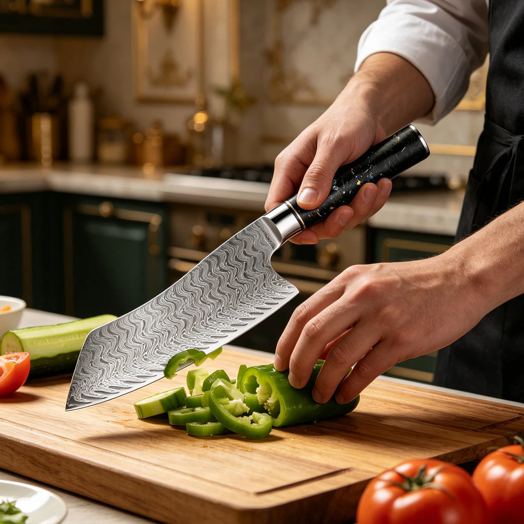 XITUO 7" Damascus Steel Santoku Knife – Carbon Fiber Handle Santoku Kitchen Knife Qst
