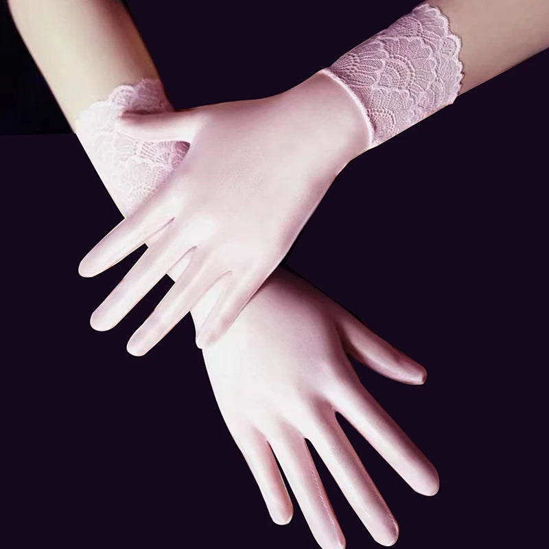 Women's Oil Glossy Ultra-Thin Elastic Wrist Gloves Fashion Wrist Gloves Qst pink lace trim