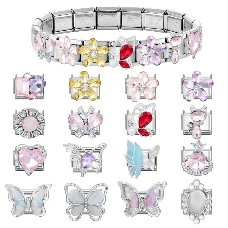 Zircon Italian Charm Links – Bow Knot Floral Heart Butterfly Italian Charm Links Qme