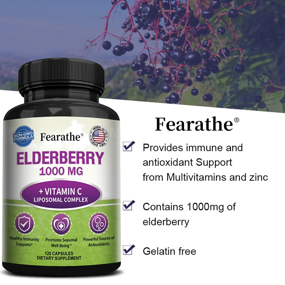 Fearathe Black Elderberry Capsules – Antioxidant Supplement Herbal Supplement Qst