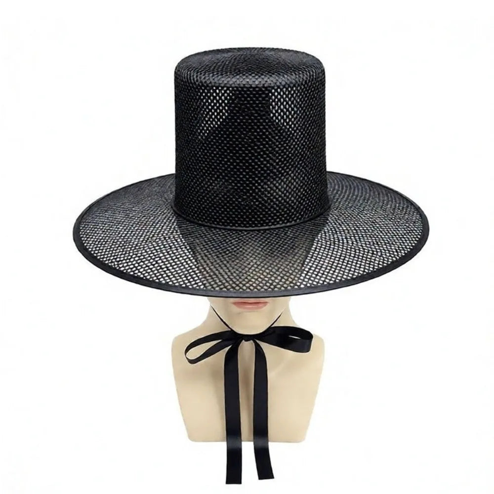 Traditional Korean Gat Hat – Black Mesh Wide Brim Flat Top Traditional Cultural Hat Qme Black