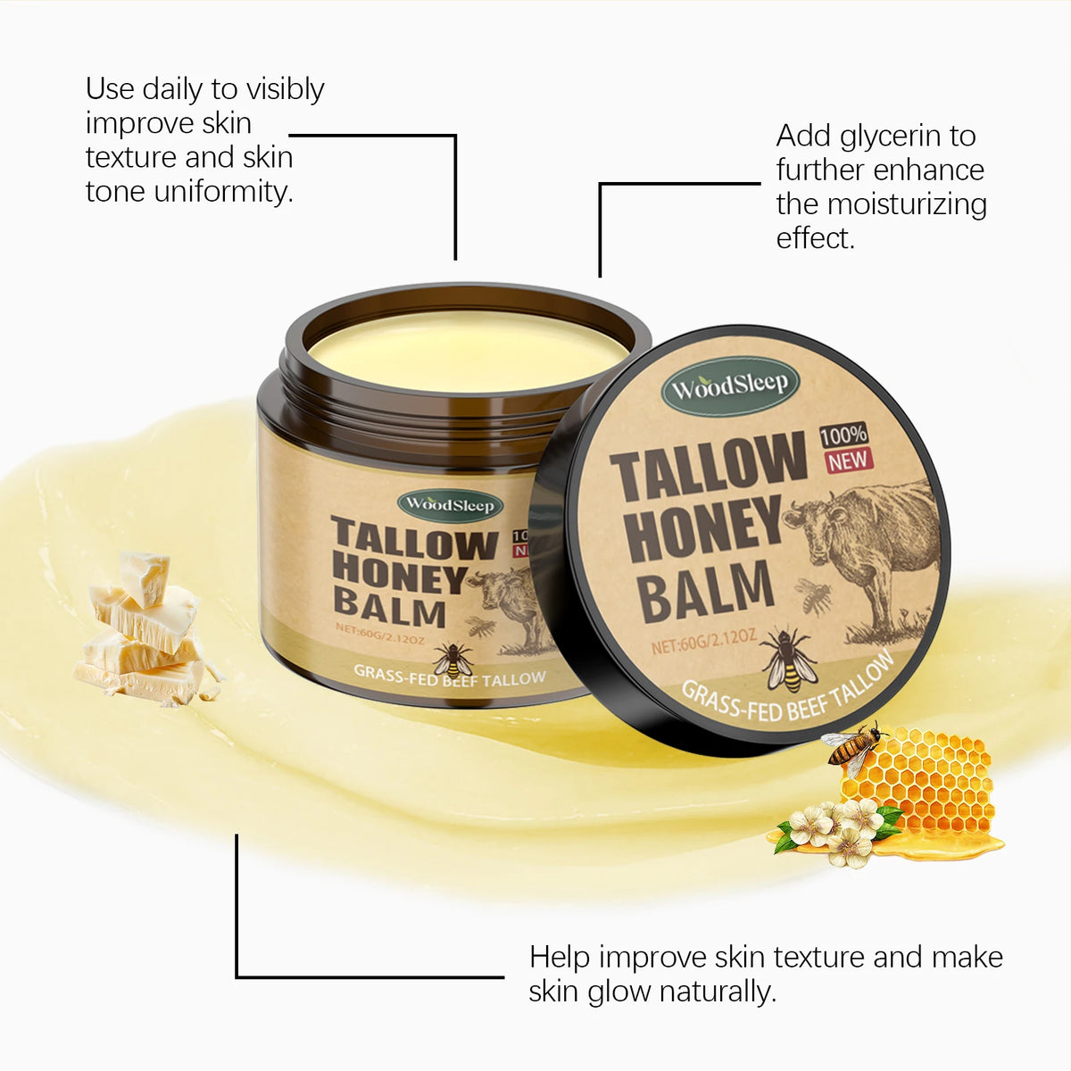 WoodSleep Whipped Beef Tallow & Honey Face Moisturizer 60g Face & Body Balm Qst