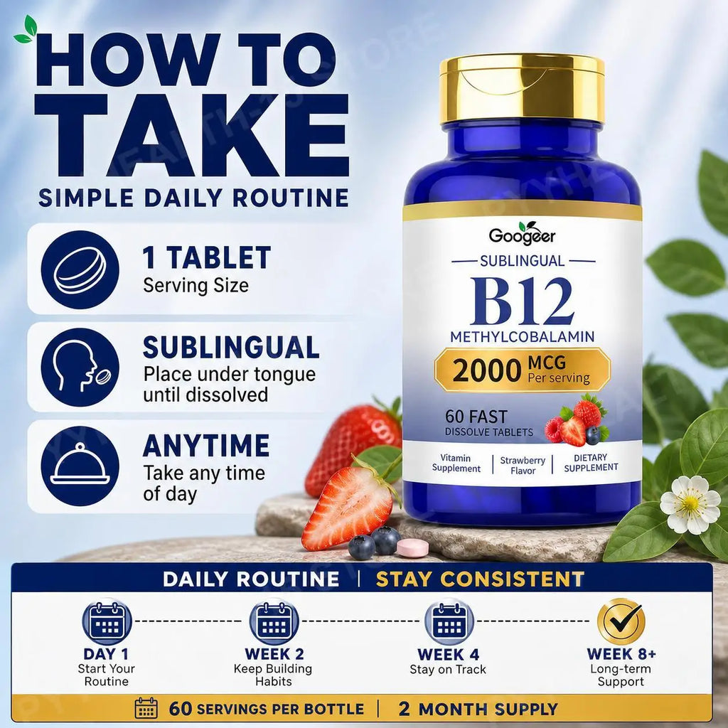 Googeer B12 Methylcobalamin Sublingual Tablets – Strawberry 60ct Vitamin B12 Supplement Qst