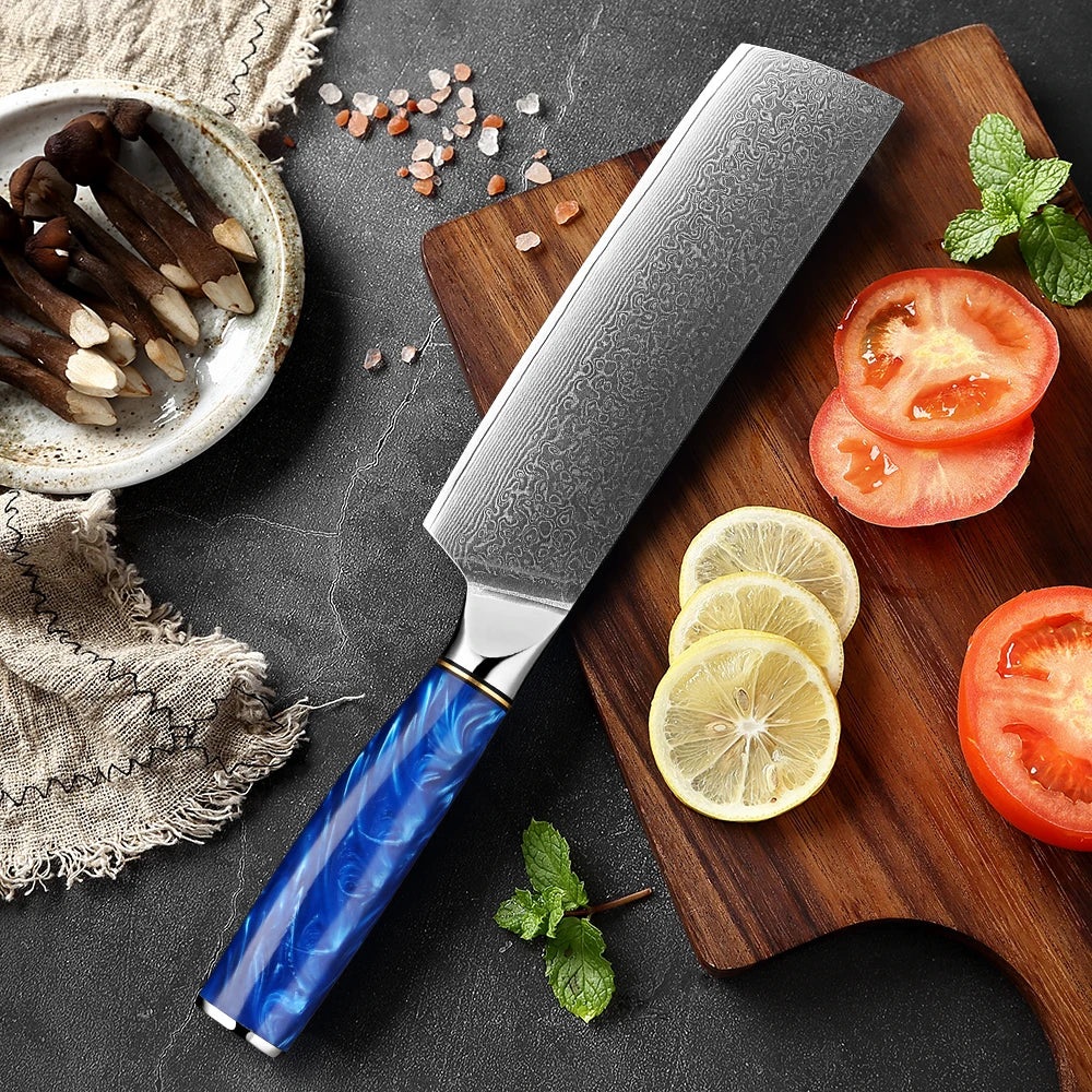 XITUO 7" Damascus Nakiri Knife – VG-10 Steel, Blue Resin Handle Damascus Nakiri Knife Qst