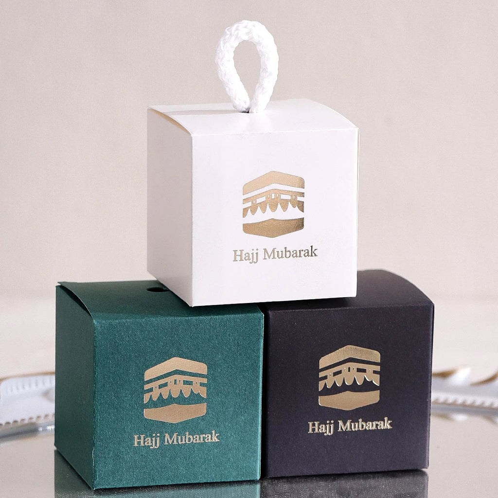 5-Pack Hajj Mubarak Sweets Gift Boxes – Gold Foil Black Gift Boxes Qme