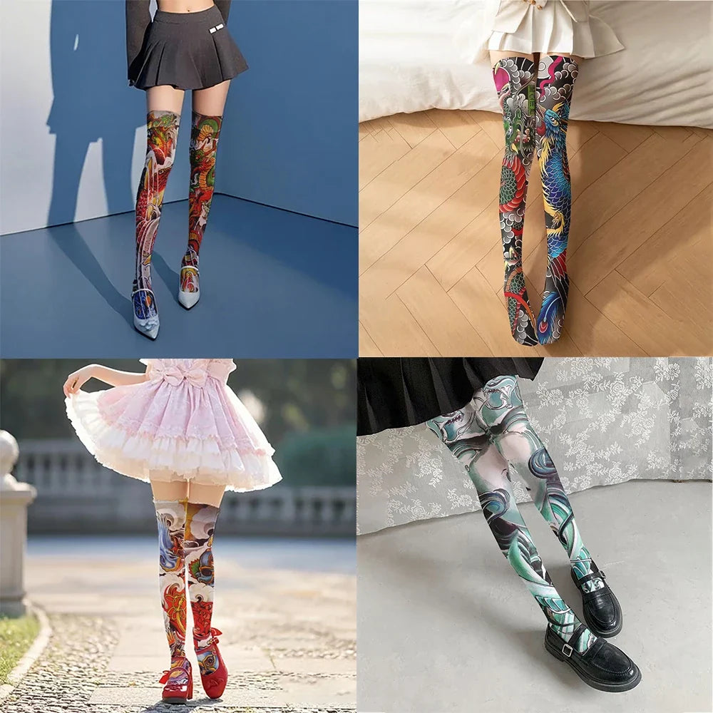 Women's 3D Tattoo Print Thigh-High Stockings | 13 Colors Thigh-High Stockings Qme