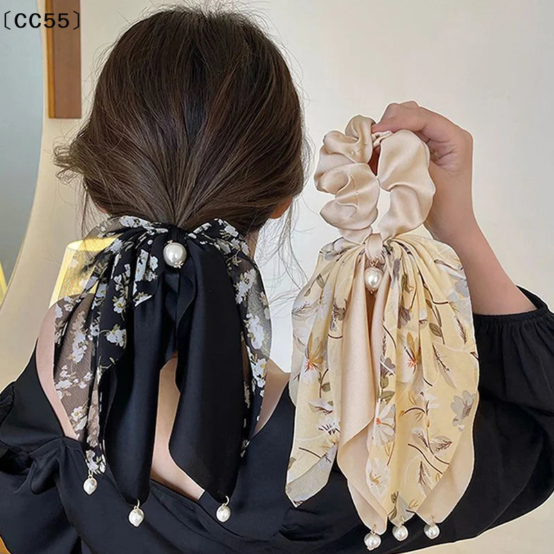 Chiffon Floral Hair Scrunchie – Vintage Ponytail Scarf Tie Hair Scrunchie Qst