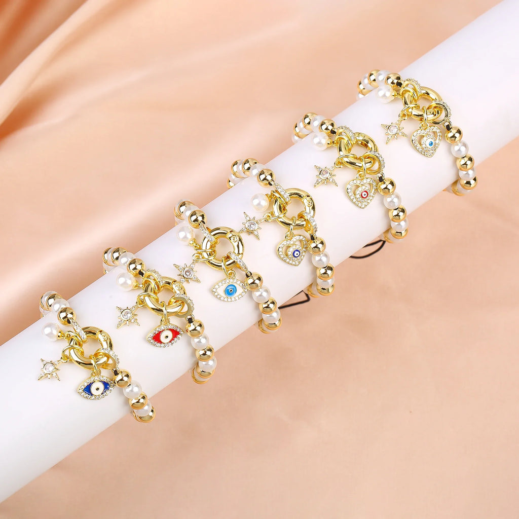 Black Braided Pearl Evil Eye Copper Bead Bracelet | 10 Colors Beaded Charm Bracelet Qme