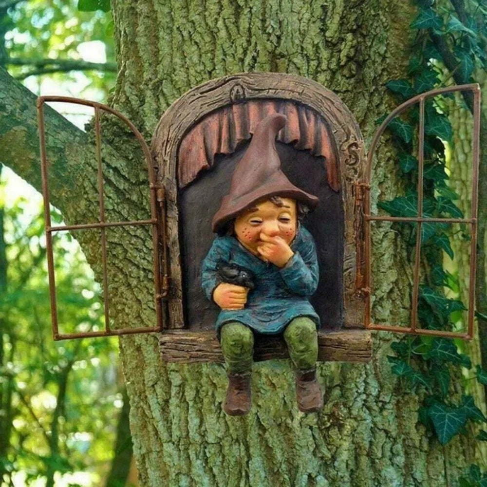 Garden Elf Tree Hug Resin Statue – Outdoor & Porch Decor Garden Statue Qme