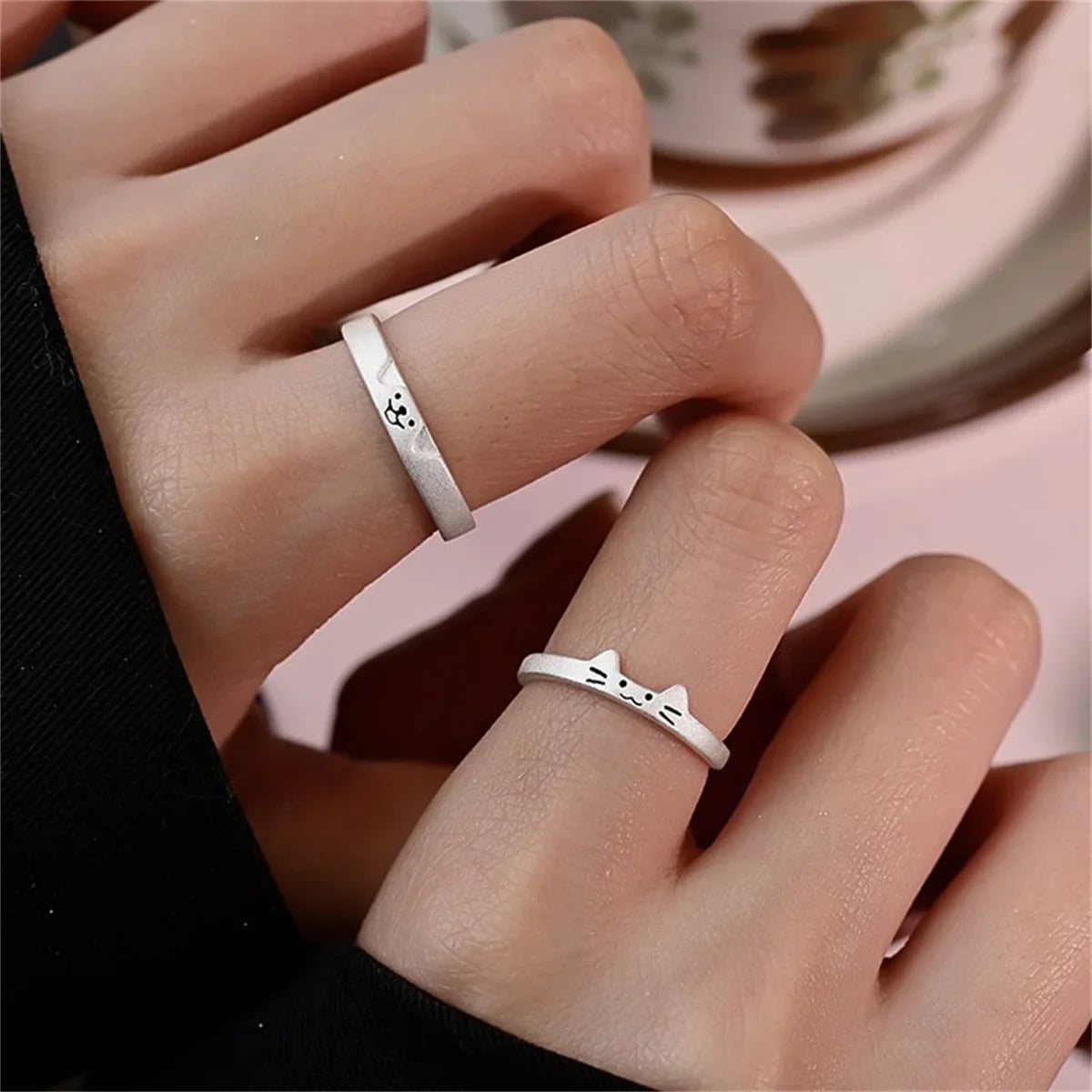 Cute Cat & Dog Couple Ring – Animal Statement Ring for Women & Men Animal Couple Ring Qme