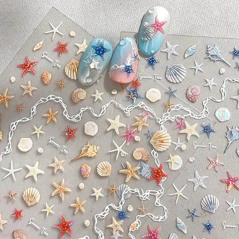 5D Embossed Ocean Nail Stickers – Starfish & Seashell Decals Nail Art Stickers Qst