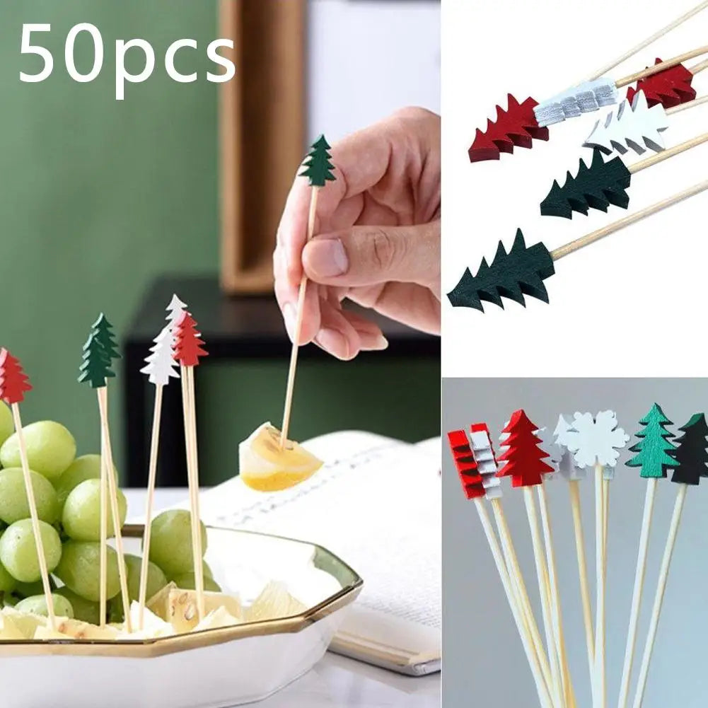 Christmas Bamboo Fruit Picks – Snowflake Santa Elk 50pcs Bamboo Food Picks Qme