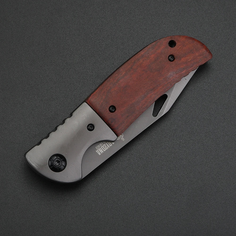 XUAN FENG Serrated Folding Knife – D2 Steel Wood Handle EDC Folding Outdoor Knife Qst