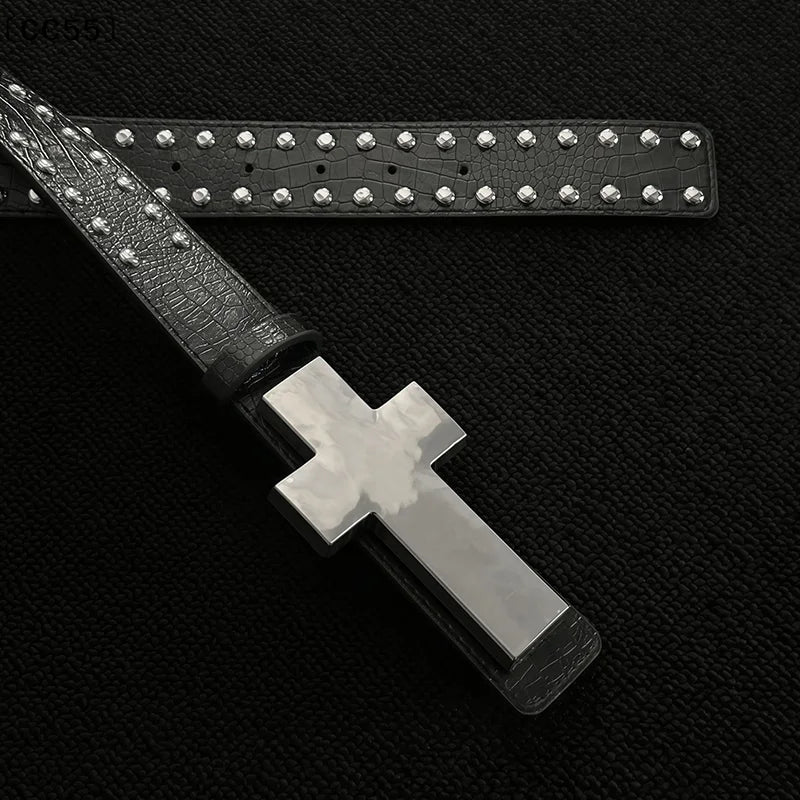 Gothic Punk Crackle Studded Metal Cross Belt for Women Gothic Studded Belt Qst