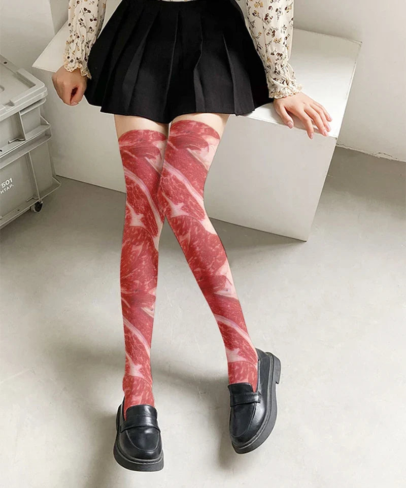 Funny Pork Belly Novelty Thigh-High Stockings | One Size Novelty Thigh-High Stockings Qme