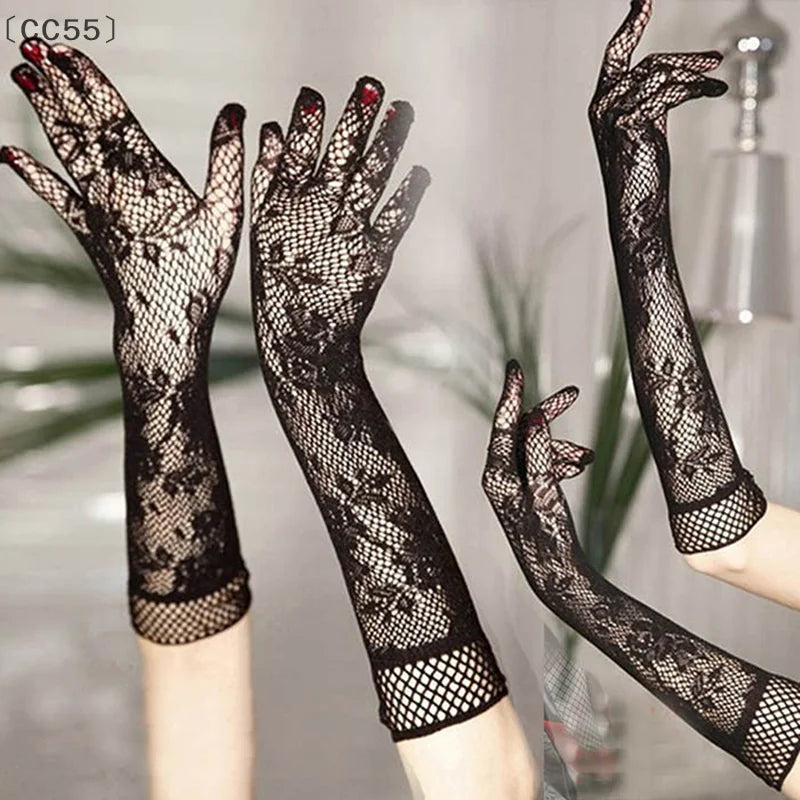 Women's Sheer Lace Fishnet Gloves – Stretchy Elbow Length Fashion Lace Gloves Qst