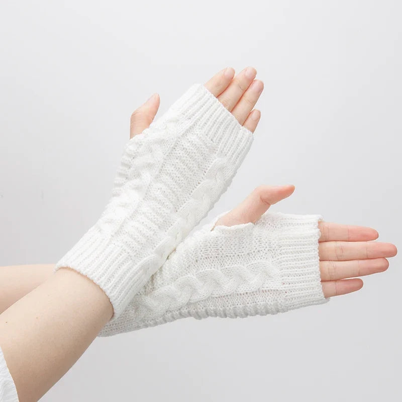 Women's Knitted Fingerless Gloves – Winter Arm Warmers Fingerless Arm Warmers Qme WHITE length-20cm