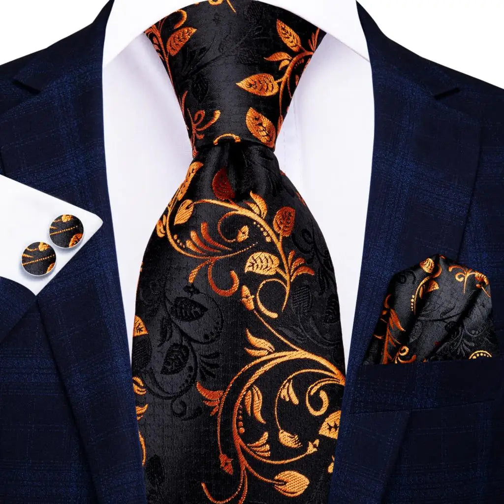 Hi-Tie 100% Silk Black Gold Jacquard Wedding Necktie Set