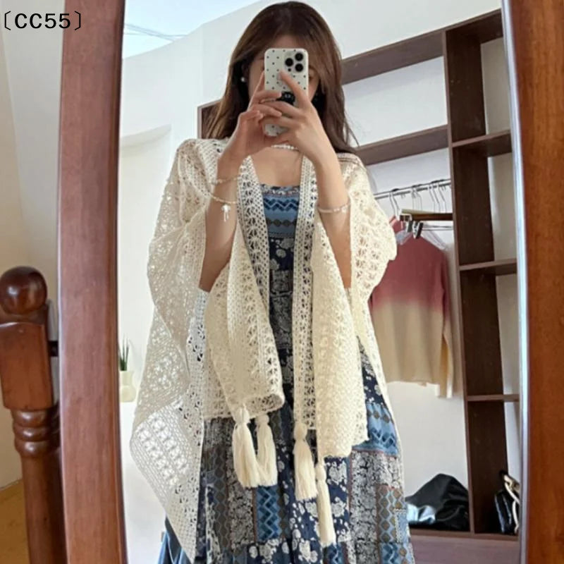 Women's Boho Crochet Lace Beach Cover-Up with Tassels Beach Cover-Up Qst