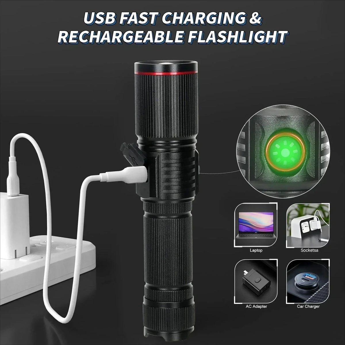 50W Super Bright LED Zoom Flashlight – Type-C Rechargeable LED Zoom Flashlight Qst