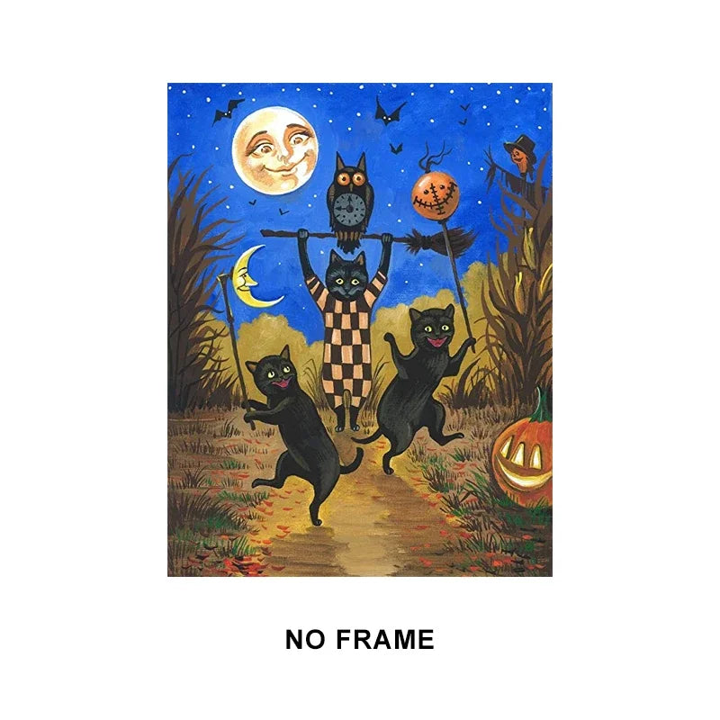 Halloween Black Cat Witch Owl Vintage Canvas Wall Art Poster Canvas Wall Art Qst X959D 30x40cm Unframed
