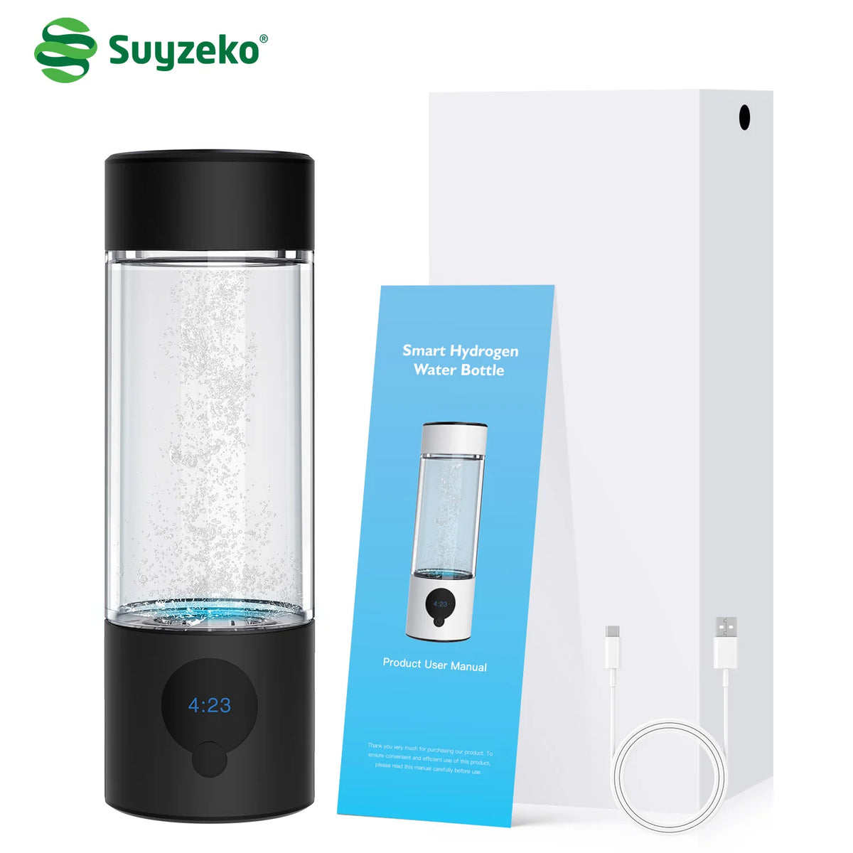 Hydrogen Water Bottle Generator 390ML SPE PEM 4000ppb Type-C Hydrogen Water Generator Qst Black