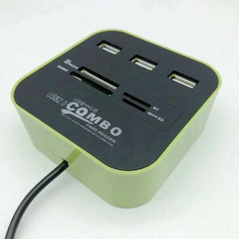 USB 2.0 Hub 3-Port with Card Reader Mini Combo Splitter USB Hub & Card Reader Qme green