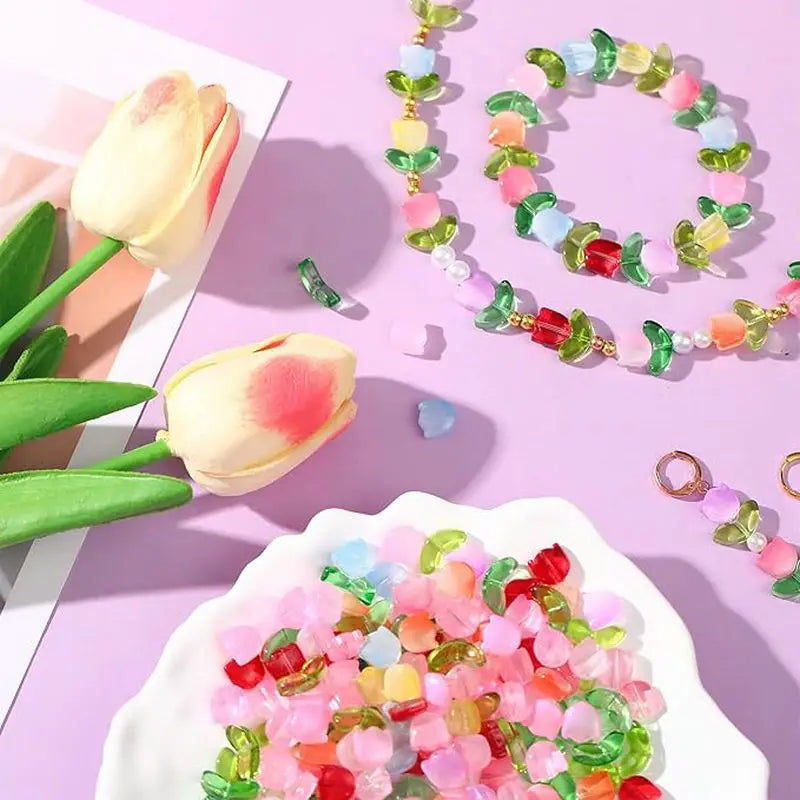 Glass Tulip Flower Beads – Handcrafted Crystal Loose Beads Craft Loose Beads Qme