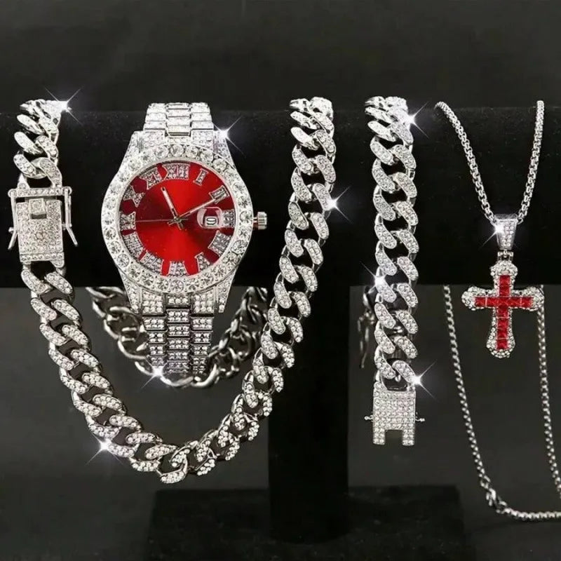 Men's Iced Out Cuban Chain & Diamond Silver Watch Combo Set Watch Jewelry Combo Qme