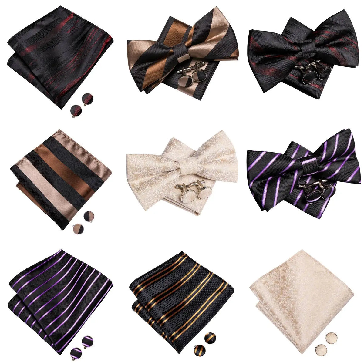 Men's Pre-Tied Bow Tie, Hanky & Cufflinks Set – Solid & Floral Bow Tie Gift Set Qme